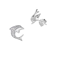 Silver ear studs with zirconia. Width:12mm. Stone(s) are fixed in setting.  Fish Dolphin