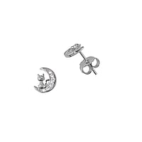 Silver ear studs Width:6mm. Length:8mm. Stone(s) are fixed in setting. Shiny.  Cat Male cat Tom cat Feline Moon Half moon Half-moon