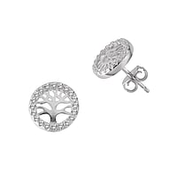 Silver ear studs with zirconia. Diameter:10mm. Stone(s) are fixed in setting. Shiny.  Tree Tree of Life