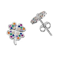 Silver ear studs with zirconia. Width:9mm. Stone(s) are fixed in setting. Shiny.  Leaf Plant pattern