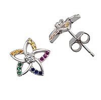 Zirconia silver stud earrings Width:11mm. Shiny. Stone(s) are fixed in setting.  Flower