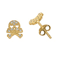 Silver ear studs with zirconia and Gold-plated. Width:7,2mm. Stone(s) are fixed in setting. Shiny.  Skull Skeleton