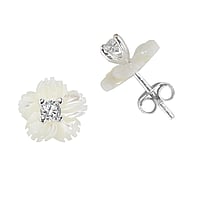 Silver ear studs with zirconia and Sea shell. Width:10mm. Stone(s) are fixed in setting.  Flower