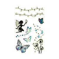 Fake-Tattoo avec Couleur imprime sur papier et Adhsif bien tolr par la peau. Largeur:6,8cm. Hauteur:11cm.  Fe Fadette Papillon Fleur