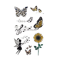 Fake Tattoo with Color printed on paper and Skin friendly adhesive. Width:6,3mm. Height:11,2mm.  Flower Fairy Butterfly