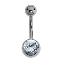 Titanium belly piercing with Crystal. Thread:1,6mm. Bar length:10mm. Closure ball:5mm.