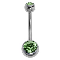 Titanium belly piercing with Crystal. Thread:1,6mm. Bar length:12mm. Closure ball:5mm.