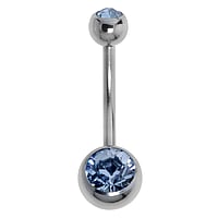 Titanium belly piercing with Crystal. Thread:1,6mm. Bar length:12mm. Closure ball:5mm.