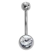 Titanium belly piercing with Crystal. Thread:1,6mm. Bar length:12mm. Closure ball:5mm.