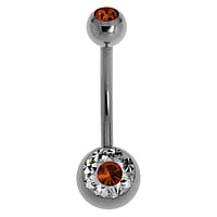 Titanium belly piercing with Premium crystal. Thread:1,6mm. Bar length:12mm. Closure ball:5mm.