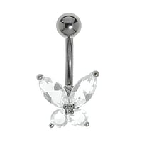 Titanium belly piercing out of Rhodium plated brass with Crystal. Thread:1,6mm. Bar length:10mm. Closure ball:5mm.  Butterfly