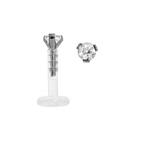 Lip&Tragus Piercing out of Bioplast and Titanium with Crystal. Thread:1,2mm. Bar length:6mm. Width:2,35mm. Stone(s) are fixed in setting.