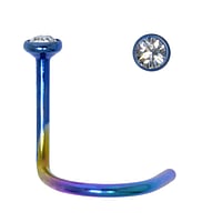Titanium nose piercing with Crystal. Length:6,5mm. Cross-section:0,8mm. Diameter:2,35mm. Anodized.