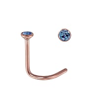 Titanium nose piercing with PVD-coating (gold color) and zirconia. Length:6,5mm. Cross-section:0,8mm. Diameter:2,35mm.