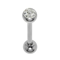 Tongue piercing out of Surgical Steel 316L with Crystal and Epoxy. Thread:1,6mm. Bar length:14mm. Ball diameter:5mm.