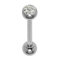 Tongue piercing out of Surgical Steel 316L with Crystal and Epoxy. Thread:1,6mm. Bar length:16mm. Ball diameter:5mm.