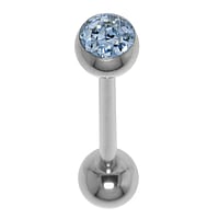 Tongue piercing out of Surgical Steel 316L with Crystal and Epoxy. Thread:1,6mm. Bar length:16mm. Ball diameter:6mm.