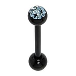 Tongue piercing out of Surgical Steel 316L with Black PVD-coating, Crystal and Epoxy. Thread:1,6mm. Bar length:16mm. Ball diameter:5mm.