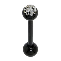 Tongue piercing out of Surgical Steel 316L with Black PVD-coating, Crystal and Epoxy. Thread:1,6mm. Bar length:16mm. Ball diameter:5mm.