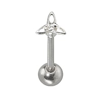 Tongpiercing uit Chirurgisch staal 316L en Zilver 925. Schroefdraad:1,6mm. Breedte:7mm. Lengte staafje:15mm. Diameter bal:6mm. Glanzend.  Knooppunt eeuwig oneindig oneindigheid eindeloos eindeloosheid eeuwigheid lemniscaat liggende acht 8