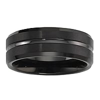 Tungsten Ring with Black PVD-coating. Width:8mm. Rounded.  Stripes Grooves Rills Lines