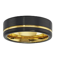 Wolfraam ring met PVD laag (zwart) en PVD laag (goudkleurig). Breedte:8mm.  streep lijn ribbels