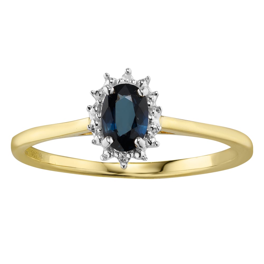 Gold ring with 14K gold Blue sapphire and Lab grown diamond. Carat weight 0 0066ct. Width 6mm. Stone s are fixed in