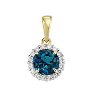 Genuine gold necklace with 14K gold, Blue Topaz and Lab grown diamond. Carat weight:0,16ct. Diameter:8,5mm. Eyelet's transverse diameter:2,66mm. Eyelet's longitudinal diameter:4,5mm. Stone(s) are fixed in setting. Shiny.