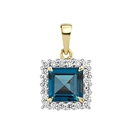 Echt gouden Ketting met Blauwe topaas en Laboratorium diamant. Karaat:0,2ct. Breedte:9,5mm. Dwars-doorsnede oogje:2,66mm. Lengte-doorsnede oogje:4,5mm. Steen/stenen met vatting gefixeerd. Glanzend.