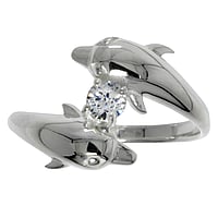 Silver ring with Crystal. Width:14mm. Stone(s) are fixed in setting. Shiny.  Dolphin