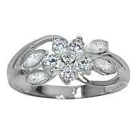 Silver ring with Crystal. Width:9mm. Stone(s) are fixed in setting. Shiny.  Flower Leaf Plant pattern