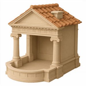 Roman-style bird feeder with columns and a terracotta tile roof, generated by PrintPal from a one-line text prompt