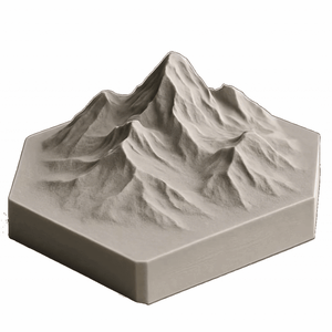 Hexagonal mountain terrain tile for tabletop games, generated with PrintPal AI