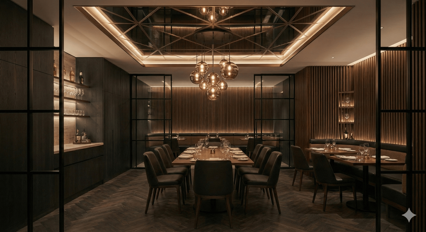 The Vault - Private dining with geometric mirrored ceiling