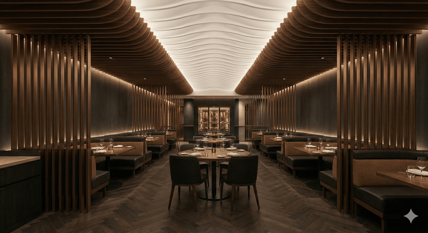 The Vault - Dining room with sculptural wave ceiling