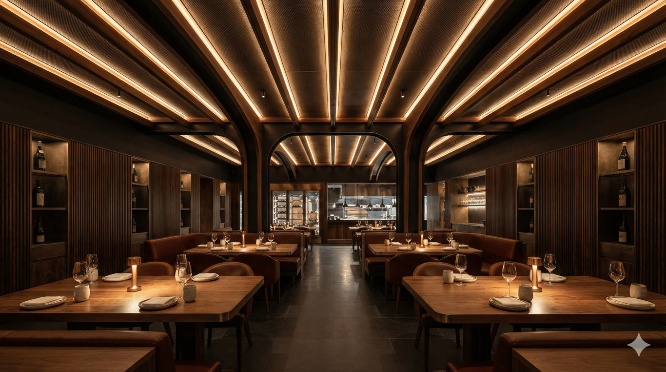 The Vault - Dramatic timber-slatted dining room