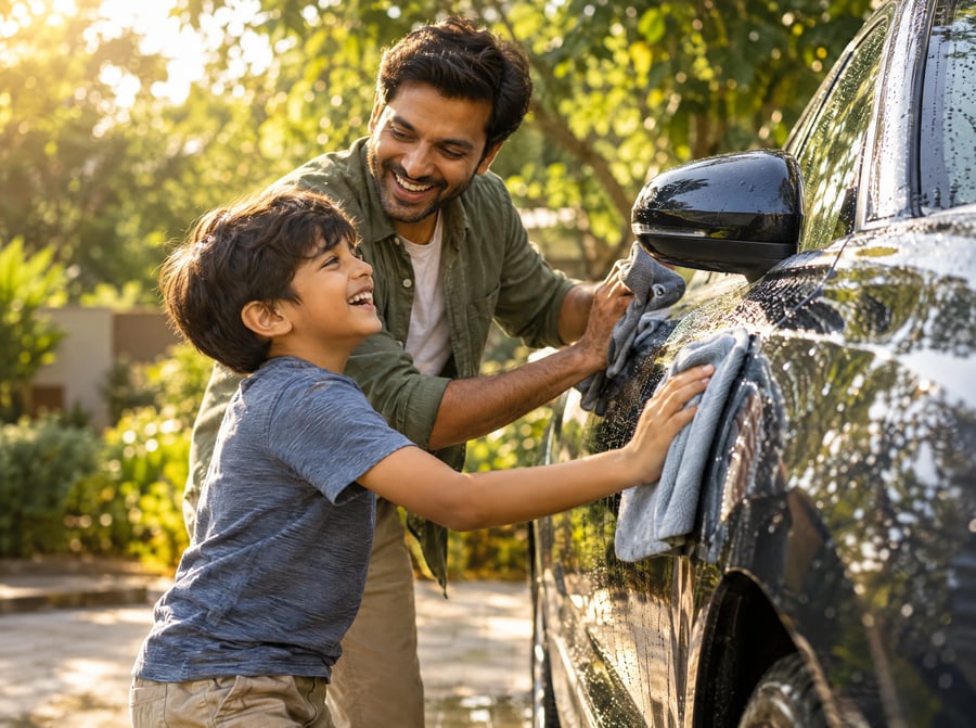 A father and his son laughing as they dry their freshly washed car together on a sunny driveway