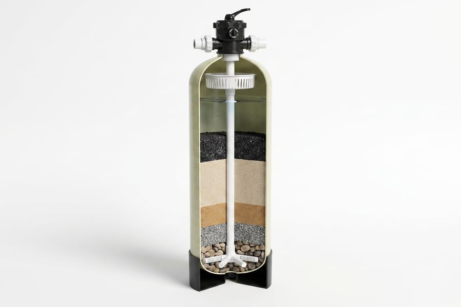 Cutaway of the KKE W100 multimedia filter showing the graded media bed, central riser tube and bottom laterals inside the FRP vessel