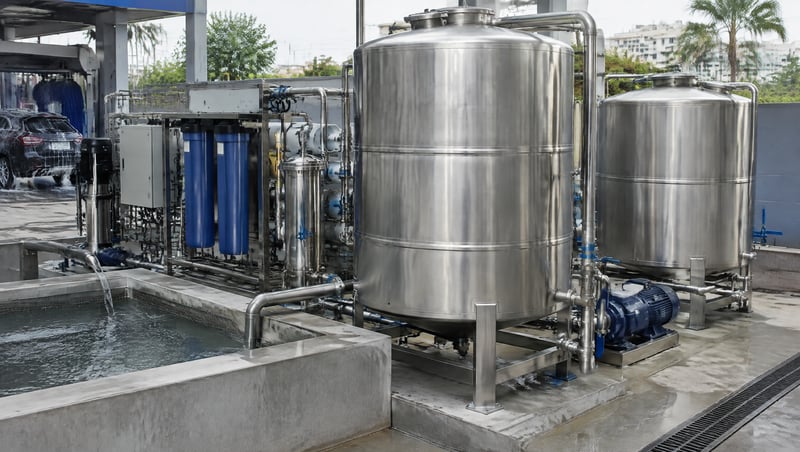 Stainless steel water treatment tanks at a car wash site