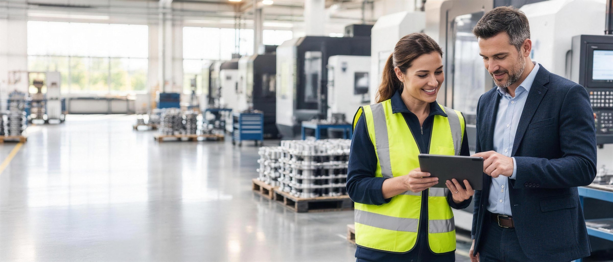 A production manager in a hi-vis vest and an ERP consultant review a tablet together on a modern manufacturing floor