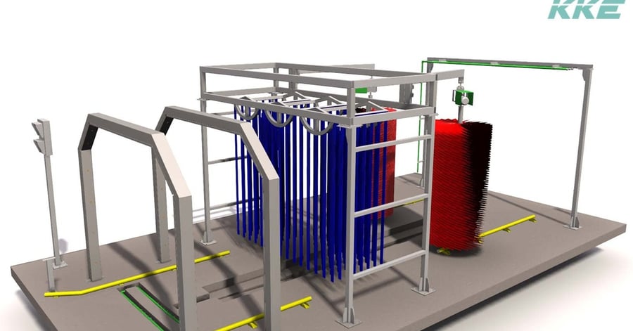 A KKE Z10 drive-through fleet car wash rendered on its slab: two entry arches, a bank of blue vertical wrap brushes, a red rotating brush and a rinse arch, with no conveyor under them