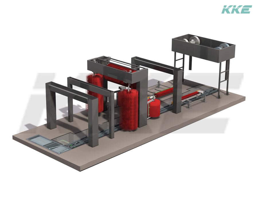 Isometric render of a KKE Gamma 12 m conveyor car wash tunnel, the compact configuration with a top brush, wrap-around brushes and the exit blower gantry