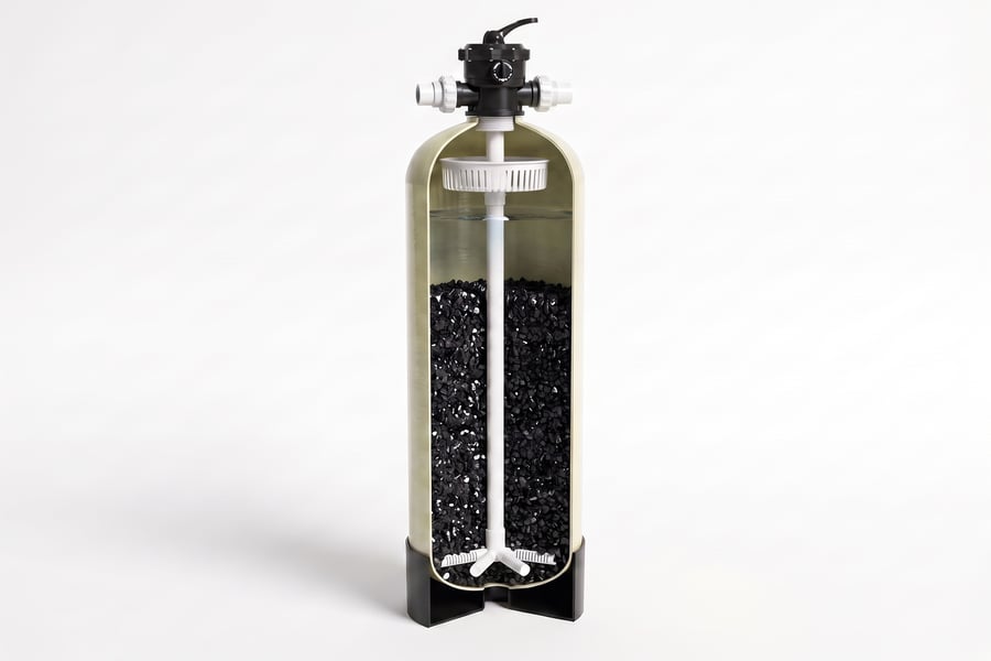 Cutaway of the KKE W100 activated carbon filter showing the full-depth granular activated carbon bed, central riser tube and bottom laterals inside the FRP vessel