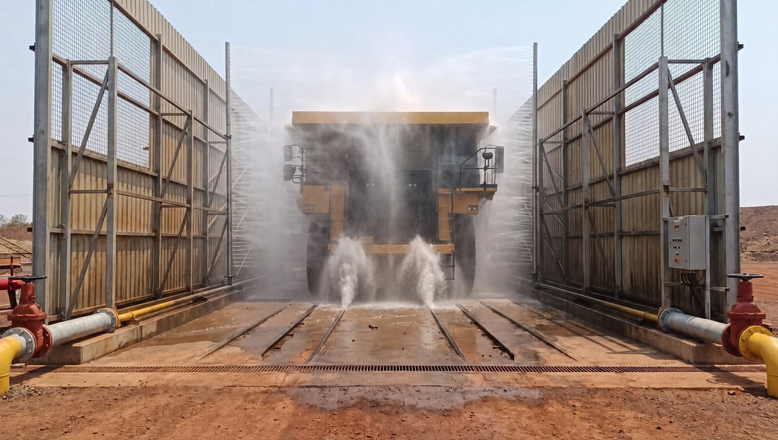 A mining haul truck head-on in a KKE drive-through wash lane, high-volume curtains firing inward from the vertical banks on both walls and jets erupting from the floor channel