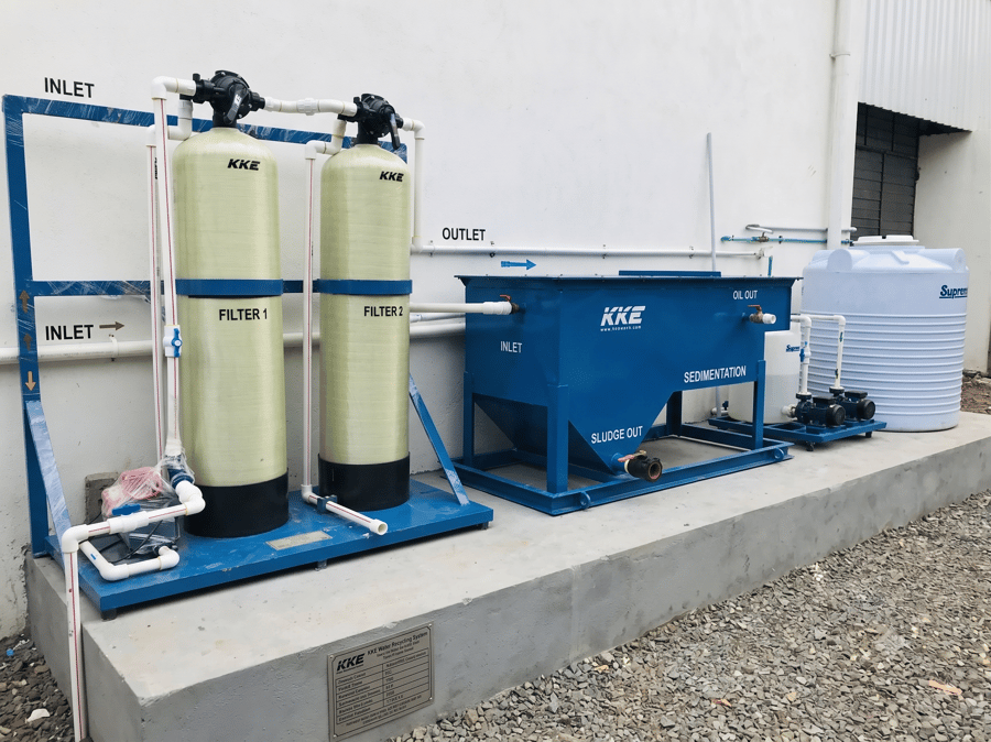 A KKE water recycling installation — sedimentation tank, filtration vessels and treated-water storage