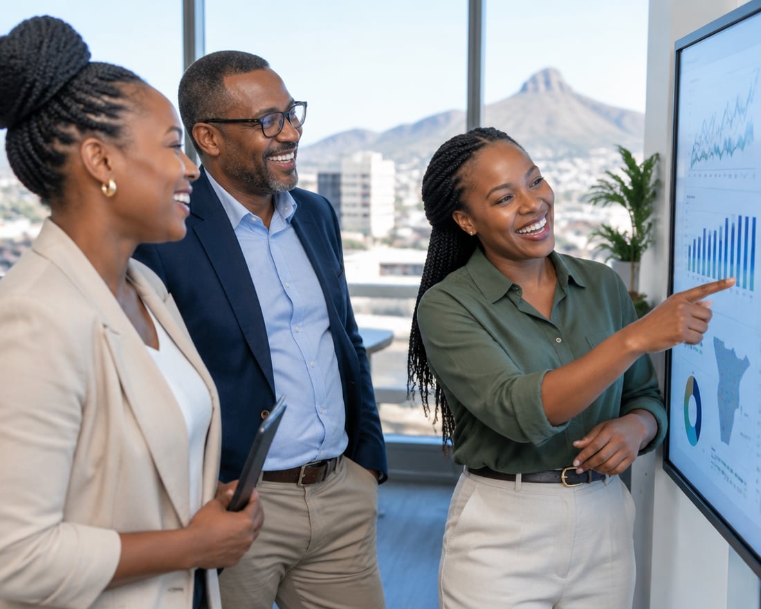 Namibian professionals reviewing a dashboard in a Windhoek office
