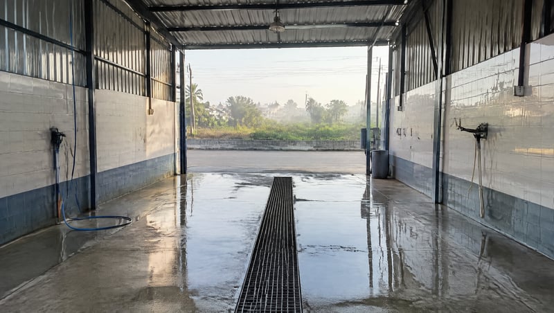 An empty car wash bay on a quiet morning in an Indian town