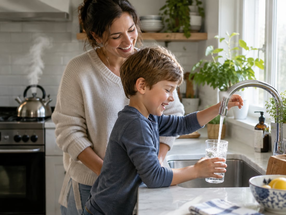 A boy fills a glass of water at a gleaming kitchen tap as his mother laughs beside him in morning light