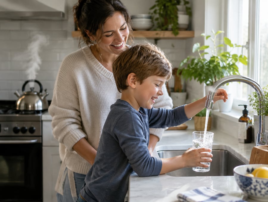 A boy fills a glass of water at a gleaming kitchen tap as his mother laughs beside him in morning light