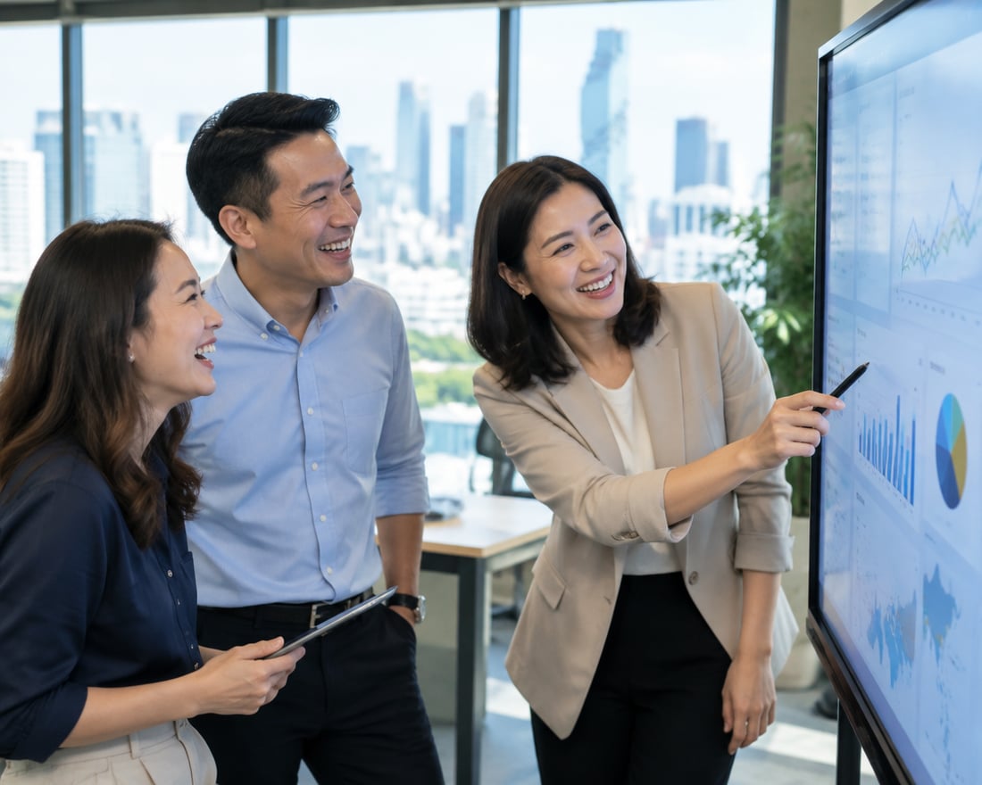 Thai professionals reviewing a dashboard in a Bangkok office